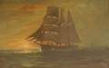 Framed Oil on Canvas View of Ship at Sunset