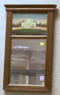 Stained Fluted Pine Framed Mirror with Reversepainted Glass Tablet Depicting a Domed Building