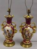 Pair of Paris Porcelain Handpainted Boy and Girl with Dogs Decorated Vase Table Lamps