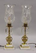 Pair of Brass Figural and Marble Girandole Candlestick Table Lamps with Prisms