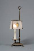 Cast Brass Candle Lamp with Leaded Acidetched Stained Armorial Decorated Glass Panel Shade