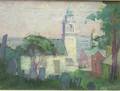 Framed Oil on Canvas New England View with a Church by Mary Gay American 20th Century