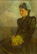 Framed Oil on Canvas Portrait of a Woman with Bouquet