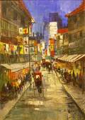 Framed Oil on Canvas Asian Night Market Scene