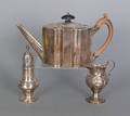 English silver creamer caster and teapot 18th c