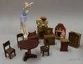 Mixed Group of Wood Ceramic Glass and Metal Dollhouse Items and a Bisque Bather