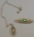 14kt White Gold and Green Paste Filigree Brooch and a Similar 10kt Gold Pendant Necklace