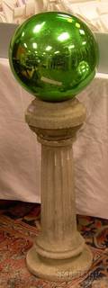 Green Mercury Glass Gazing Ball on Cast Stone Garden Pedestal