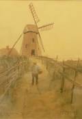 Framed Watercolor on Paperboard Landscape with a Man Headed Toward a Windmill by Louis Kinney Harlow American 18501913
