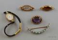 Four Antique Gold Gemstone and Seed Pearl Pins and a 14kt Gold Lady Hamilton Wristwatch
