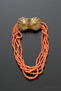 Vintage Walter Lampl Coral Bead Giltmetal Scallop Shell and Turquoise Costume Choker