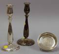 Pair of Sterling Cartier Weighted Candlesticks and Small Tiffany Sterling Plate