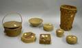 Six Small Lidded Woven Basketry Items a Coiled Basket and a Tall Woven Splint Basket