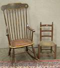 Grained and Paint Decorated Armrocker and a Redpainted Childs Ladderback Side Chair with Woven Splint Seat