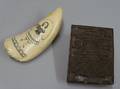 Scrimshaw Decorated Whales Tooth and a Norwegian Marine Paint Advertising Copper and Wood Printing Block
