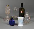 Six Assorted Colorless and Colored Glass Table Items