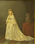 Framed Photograph Enhanced with Oil Depicting a Bride in Her Wedding Dress