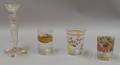 Three Polychrome Painted Floral Decorated Colorless Molded Glass Tumblers and a Colorless Cut Glass Candlestick