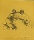 Unframed Lithograph Portrait of Two Seated Men with a Hookah Pipe