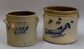 Cobalt Bird on Sprig Decorated Stoneware Crock and an L  BG Chace Somerset Cobalt Floral Decorated Stonew