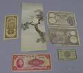 Asian Watercolor of Two Cranes and Assorted Chinese and Algerian Paper Currency