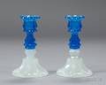 Pair of Translucent Sapphire Blue and Clambroth Glass Candlesticks
