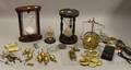 Flying Pendulum Clock by Jerome and Company Two Modern Sandglasses Waltham Pocket Watch Under Glass Dome