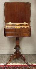 Victorian Carved Walnut and Mahogany Veneer Lifttop Sewing Stand with Drawer