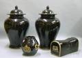 Pair of Asian Black Glazed Stoneware Urns with Covers a Wine Pot and a Pillow
