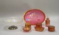 Sevenpiece Gilded Ruby Glass Vanity Set with Tray and a Colorless and Silver Server Server