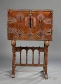 Spanish Baroque Wroughtiron Mounted Walnut Vargueno on Stand