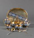 Cased Russian Goldwashed Silver and Enamel Nine Piece Tea and Dessert Service