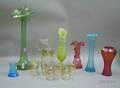 Six Colored Art Glass Vases and a Sevenpiece Victorian Enameled Floral Decorated Colorless Glass Lemonade Set