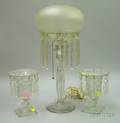 Heisey Colorless Pressed Glass Table Lamp with Prisms and a Frosted Glass Dome Shade and a Pair of Colorless Pr