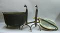 Pair of Wrought Iron Gooseneck Andirons a Cast Iron Footed Kettle and a Large Ropehanging Bluepainted Wooden Pulley