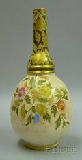 English Worcesterstyle Handpainted Gilt Enameled and Floral Decorated Ceramic Bottle Vase