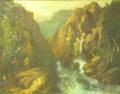 Framed 19th Century American School Oil on Canvas Landscape with an Indian Cave at a River Gorge