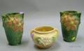Pair of Roseville Pottery Clematis Vases and Hull Pottery Water Lily Bowl