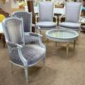 Two Pairs of Louis XVI Style Upholstered Carved and Painted Wood Armchairs and Glasstop Low Table