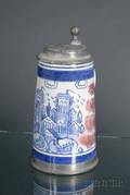 Tin Glazed Redware Stein with Village Scene
