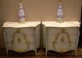 Pair of Marbletop Bluepainted ThreeDrawer Stands and a Pair of Painted Glass Table Lamps