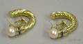 Pair of Italian 18kt Gold Sapphire and Pearl Half hoop Earrings