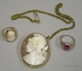 14kt Gold Framed Shell Carved Cameo Brooch and Two Rings