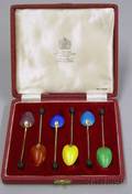 Boxed Set of Six Sterling Silver and Enamel Demitasse Spoons