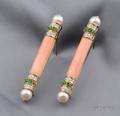 Pair of Angelskin Coral and Gemset Bar Pins