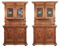 Pair of Belgian Buffet Cabinets w Stained Glass