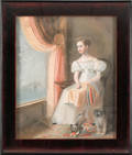 Pastel interior scene of a young woman with her two dogs ca 1860