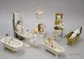 Group of Small China and Bisque Bathing Dolls and Doll House Bathroom Items