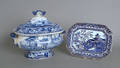 Blue Staffordshire covered tureen depicting Slingsby Castle