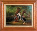 Oil on board scene of three children hunting